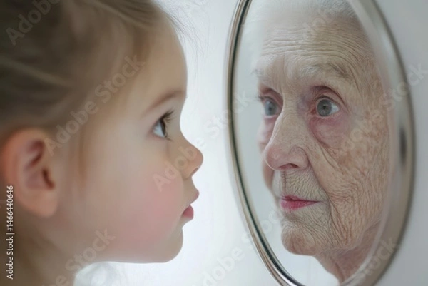 Obraz A young girl looks into a mirror and sees an older woman. Concept of curiosity and wonder as the child gazes at the reflection of the older woman