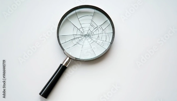 Fototapeta A magnifying glass is shown with a shattered lens. The shattered lens is a metaphor for the broken pieces of a relationship or a situation. Concept of loss and sadness