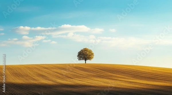 Obraz A lone tree stands in a field of tall grass. The sky is clear and blue, with a few clouds scattered throughout. The scene is peaceful and serene, with the tree providing a sense of calm
