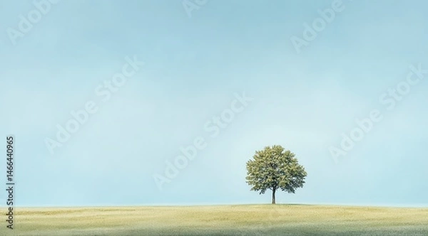 Obraz A lone tree stands in a field of grass. The sky is clear and blue, and the tree is the only object in the scene