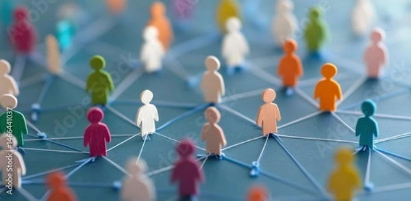 Obraz A group of people are connected by a string, with some people being more connected than others. Concept of community and togetherness