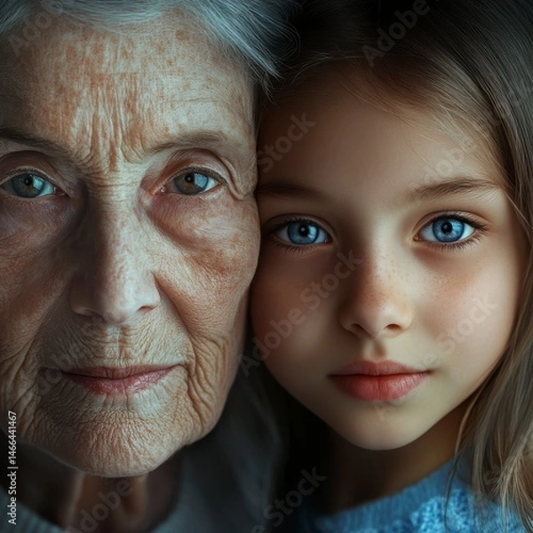 Obraz An older woman and a young girl are standing next to each other. The woman has wrinkles on her face and the girl has blue eyes. Concept of connection and love between the two generations