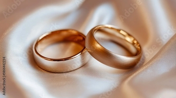 Obraz Two gold wedding rings are placed on a white cloth. The rings are of the same size and have a similar design. The cloth is smooth and shiny, giving the rings a luxurious appearance