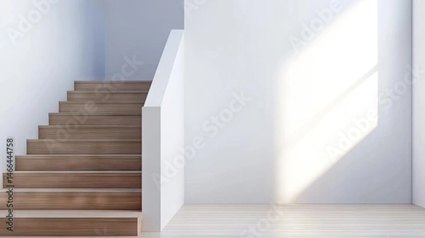Fototapeta Modern staircase in a white-walled hallway with wooden steps