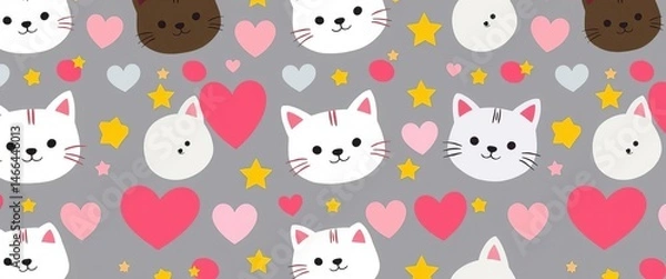 Fototapeta Adorable cartoon cat faces, hearts, and stars forming a seamless repeating pattern, fabric, image