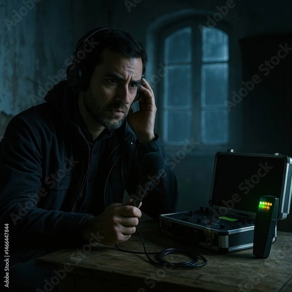 Fototapeta Investigator records EVPs in abandoned room with old gear. AI-generated