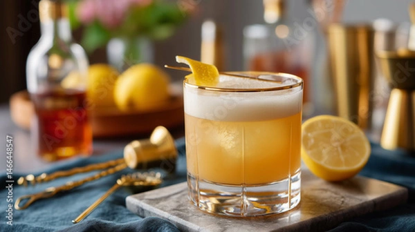 Fototapeta An artful whiskey sour with frothy top, lemon twist, and gold-toned bar tools around it for a sophisticated setup.