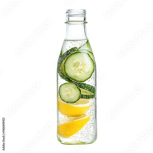 Obraz Cucumber and Lemon in Sparkling Water in a Glass Isolated on Transparent Background