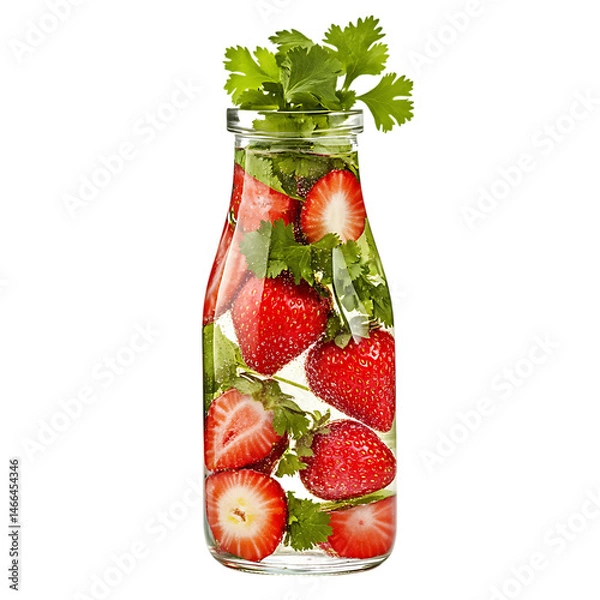 Obraz Strawberries and Cilantro in Sparkling Water Isolated on Transparent Background