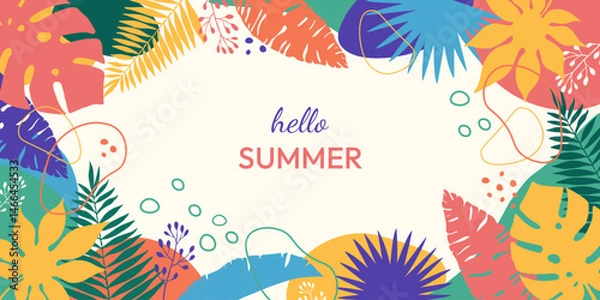 Obraz Summer web banner template with abstract tropical leaves in flat design. Vector season background with floral silhouettes for sales, events, holidays, promotions.