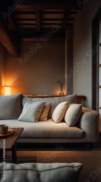 Fototapeta A warm, inviting living room with a beige sofa, soft cushions, a wooden coffee table, and ambient lighting from a table lamp, creating a cozy atmosphere.
