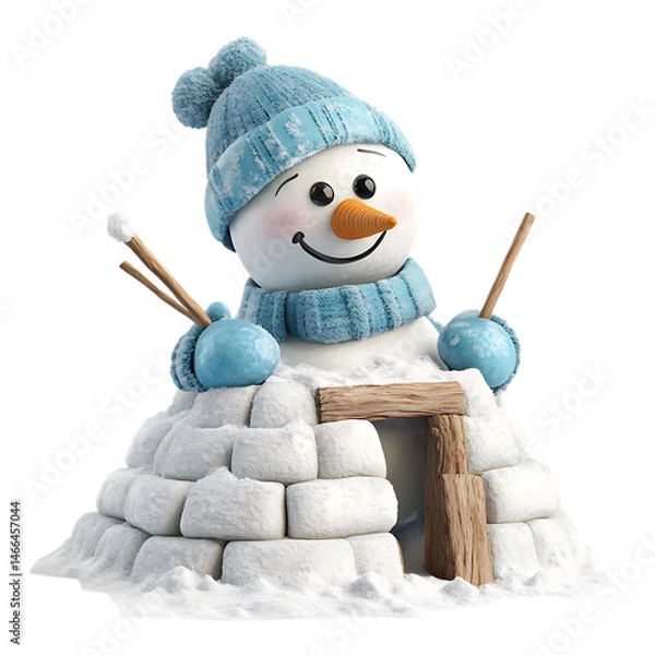 Obraz A Cartoon Snowman Building a Snow Fort with Shovel Isolated on Transparent Background