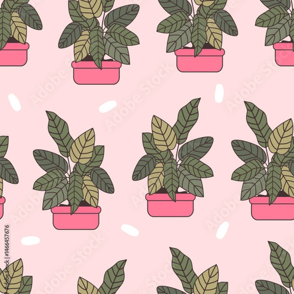 Fototapeta cute hand drawn cartoon potted plants with green leaves and pink pots seamless vector pattern background illustration