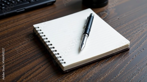 Fototapeta Elegant Fountain Pen Resting on Blank Spiral Notebook with Laptop in Background for Creative Work and Inspiration