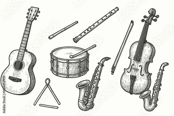 Obraz Hand drawn musical instruments sketch set Vector