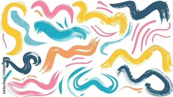 Obraz Colorful Bold Curved Lines Collection: Hand-Drawn Grunge Brush Strokes, Scribbles & Swirls on White