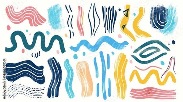 Obraz Colorful Bold Curved Lines Collection: Hand-Drawn Grunge Brush Strokes, Scribbles & Swirls on White