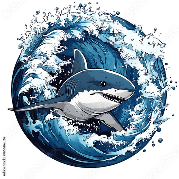 Obraz Cartoon Shark Swimming Through Ocean Waves Isolated on Transparent Background