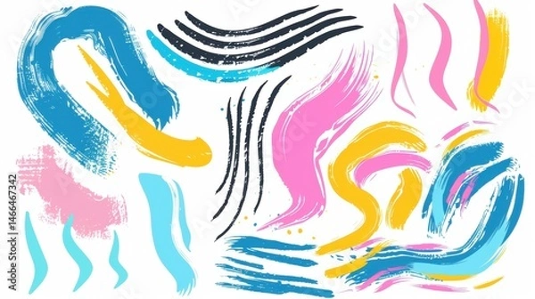 Obraz Colorful Bold Curved Lines Collection: Hand-Drawn Grunge Brush Strokes, Scribbles & Swirls on White