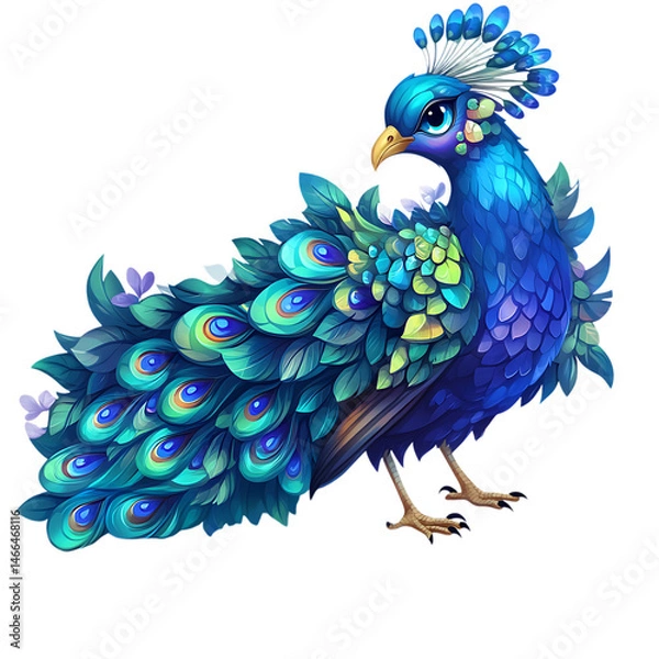Obraz A Cartoon Peacock Admiring Its Reflection Iridescent Isolated on Transparent Background