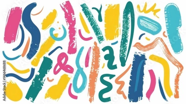 Obraz Colorful Bold Curved Lines Collection: Hand-Drawn Grunge Brush Strokes, Scribbles & Swirls on White