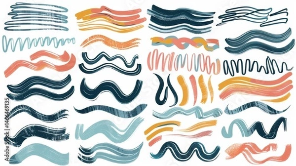Obraz Colorful Bold Curved Lines Collection: Hand-Drawn Grunge Brush Strokes, Scribbles & Swirls on White