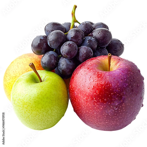 Obraz Three Apples and Grapes Isolated on Transparent Background