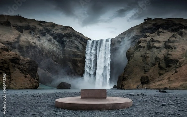 Fototapeta Nature backround for product placement, 3D waterfall landscape mockup backdrop for product and cosmetic presentation, backdrop photo for package or packaging box container