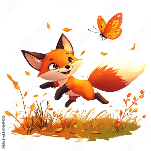 Obraz Cartoon Fox Chasing a Butterfly Over Field Isolated on Transparent Background