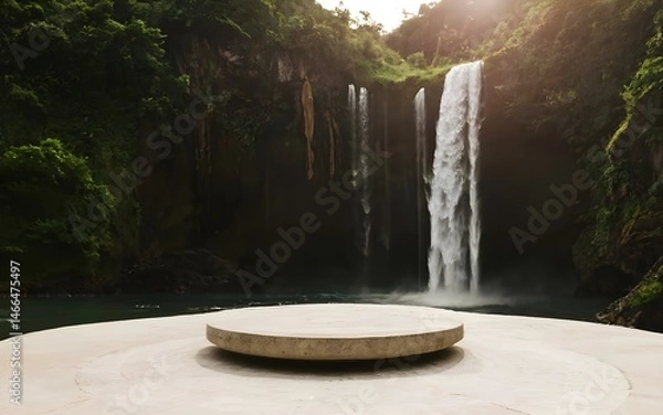 Fototapeta Nature backround for product placement, 3D waterfall landscape mockup backdrop for product and cosmetic presentation, backdrop photo for package or packaging box container