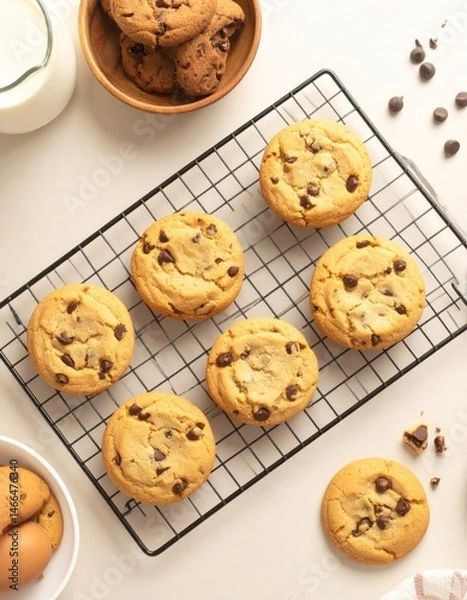 Fototapeta Freshly baked chocolate chip cookies on a cooling rack and parchment paper. A timeless sweet treat.