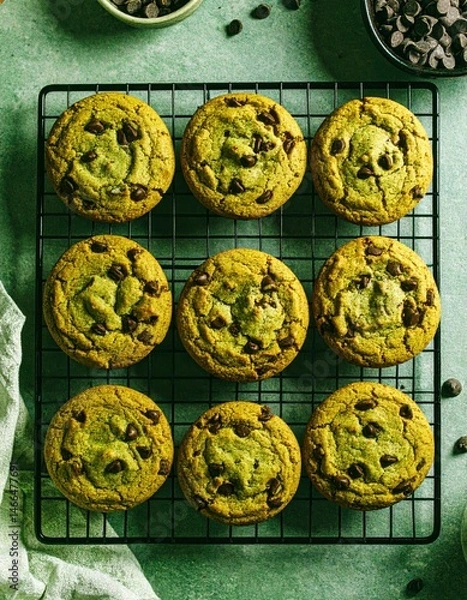 Fototapeta Rows of freshly baked green cookies with chocolate chips cooling on a wire rack. Unique sweet treats.