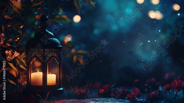 Fototapeta Lantern with candles on the ground, surrounded by grass and red flowers, dreamy glowing orbs in the background