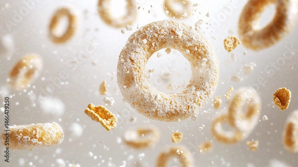 Fototapeta Floating cereal rings and crumbs, light-colored background