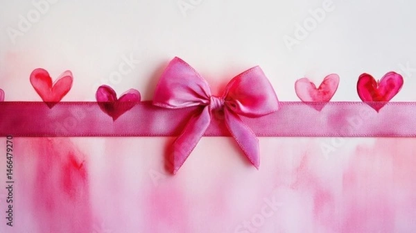 Obraz Beautiful Watercolor Hearts and Pink Ribbon Creatively Arranged for Romantic Gestures