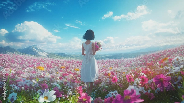 Fototapeta Girl in a white dress standing in a field of colorful flowers, mountains and blue sky with clouds in the background