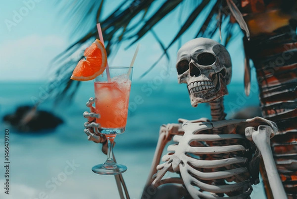 Fototapeta A skeleton on a beach, enjoying a cocktail with an orange slice, offers a unique scene. Generative AI
