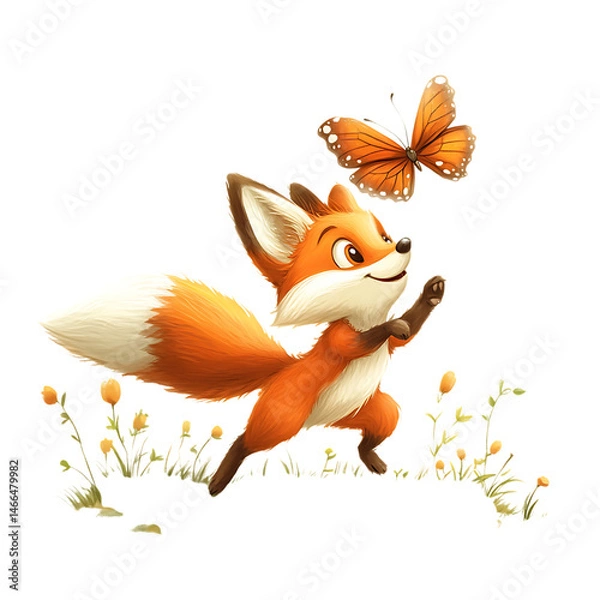 Obraz Cartoon Fox Chasing a Butterfly Over Fiery Oranges Isolated on Transparent Background