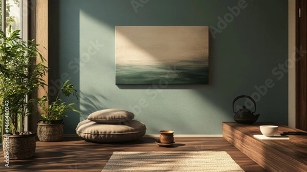 Fototapeta Relaxing interior design with minimalist decor and natural elements in a cozy living space