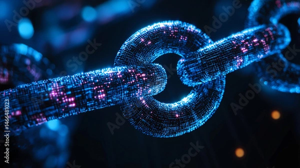 Fototapeta Digital chain with glowing blue and pink lights, symbolizing connectivity or blockchain technology