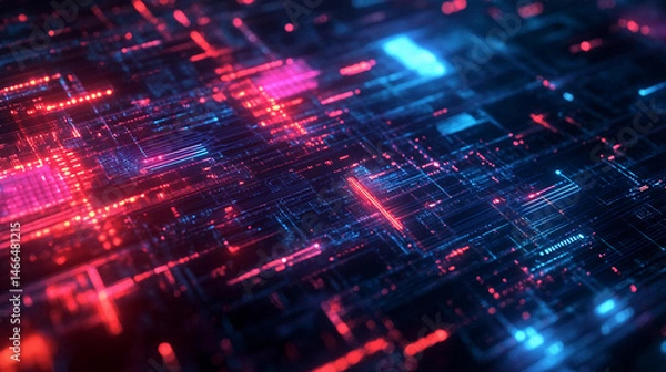 Fototapeta Futuristic digital circuit board with glowing red and blue lights, intricate patterns