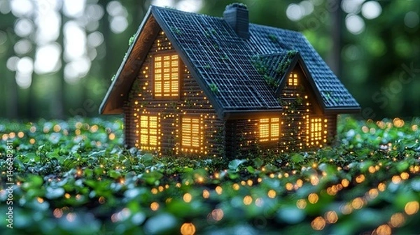 Fototapeta A miniature house with glowing windows surrounded by green foliage and bokeh light in a forest