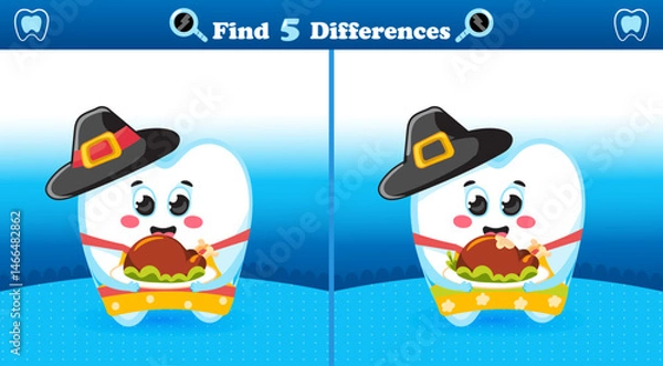 Fototapeta Find the Differences Game with Cute Tooth and Thanksgiving Day