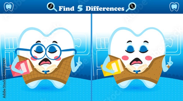Fototapeta Find the Differences Game with Cute Smart Tooth