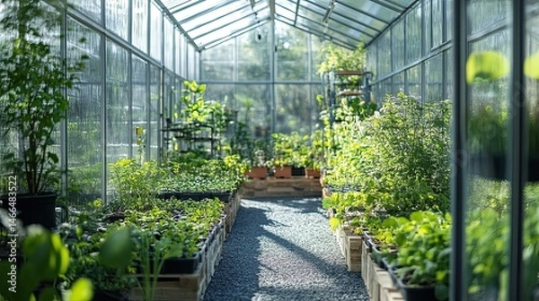 Fototapeta Interior view of a greenhouse filled with rows of plants in containers and gravel walkway under glass roof