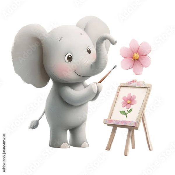 Obraz A Cartoon Elephant Painting a Flower in Soft Grays Isolated on Transparent Background