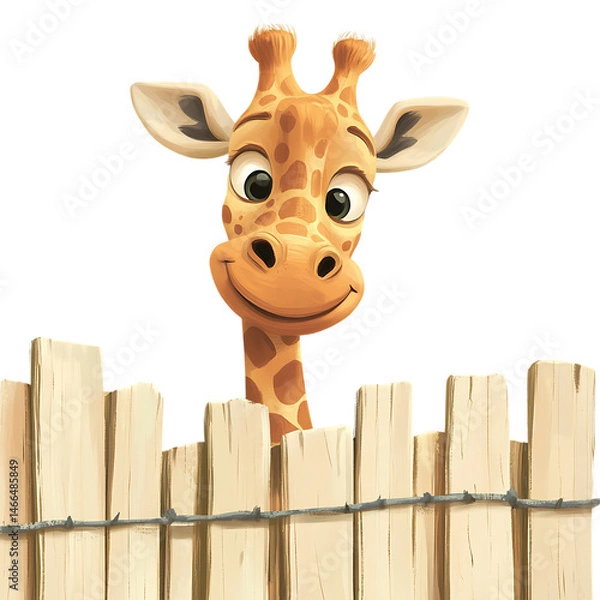 Obraz Cartoon Giraffe Peeking Over Wooden Fence Isolated on Transparent Background