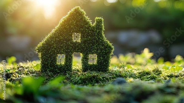 Fototapeta A miniature house covered in moss sitting on a mossy surface with sunlight in the background scene