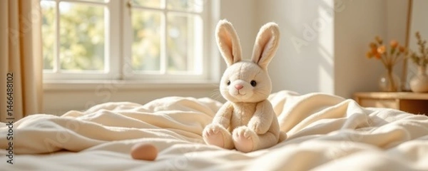 Fototapeta bunny plush on bed, easter morning feel, 3d illustration, soft background, natural daylight, clean and simple aesthetic