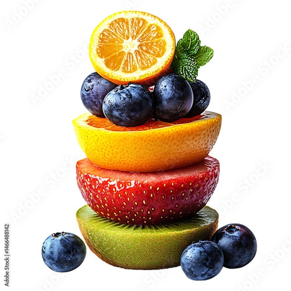 Obraz Stack of Fruit with Blueberries Oranges and Strawberries Isolated on Transparent Background